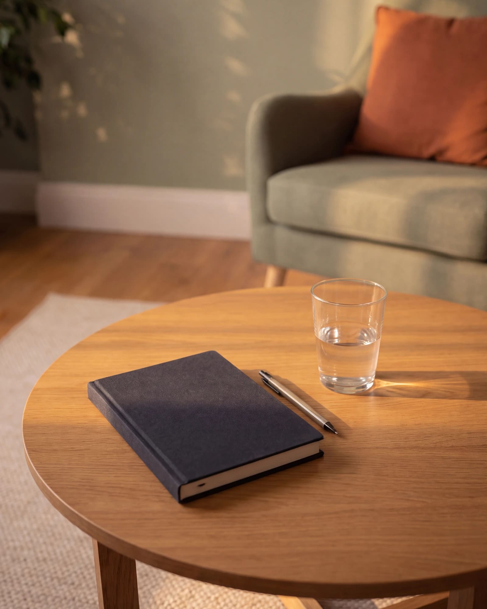 Um caderno fechado, uma caneta e um copo de água sobre a mesa baixa do consultório, na luz do fim da tarde